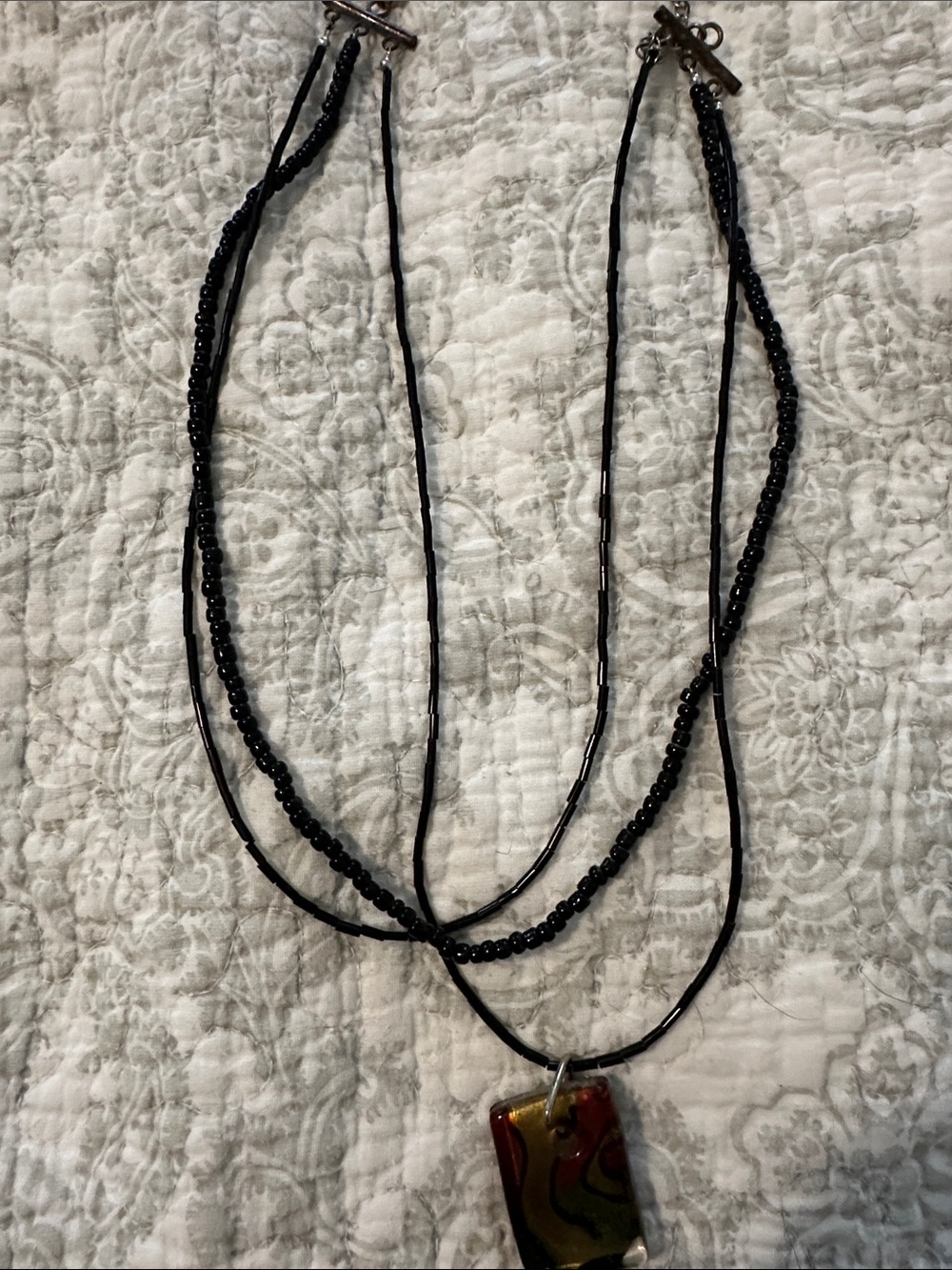 Multi-Strand Black Bead Necklace with Colorful Glass Pendant - Women's Jewelry